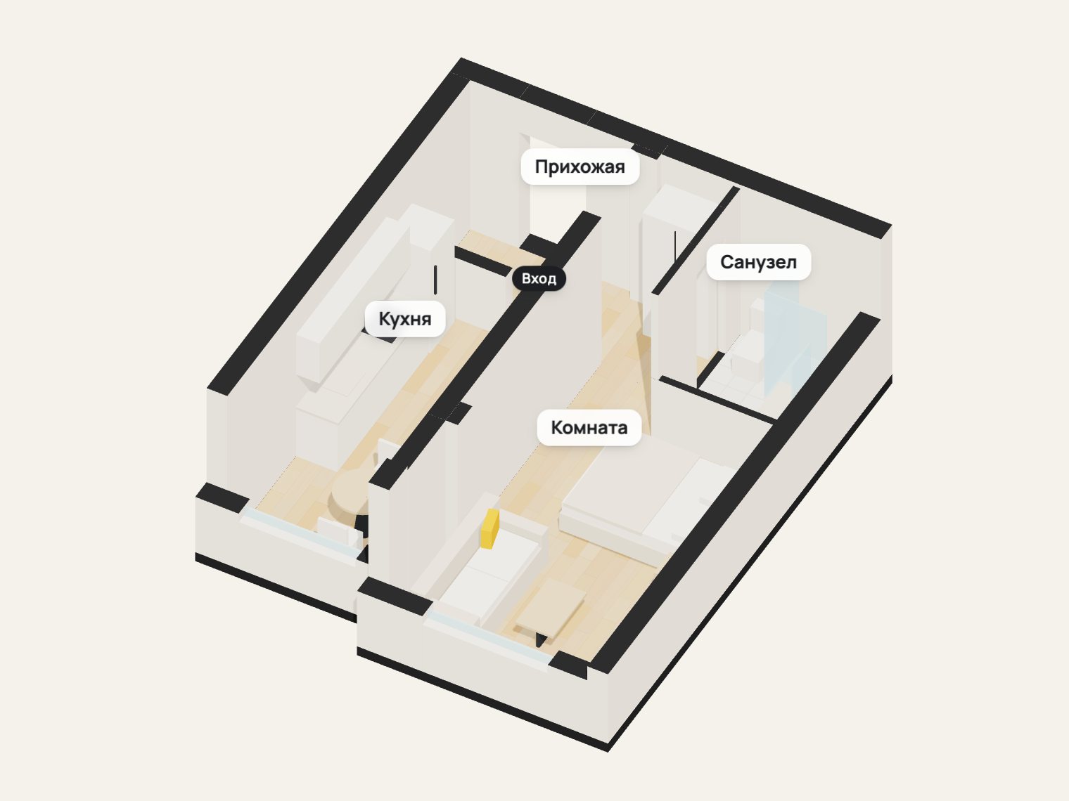 Однокомнатная квартира 35,73 м² в объёме: кухня, прихожая, санузел и комната